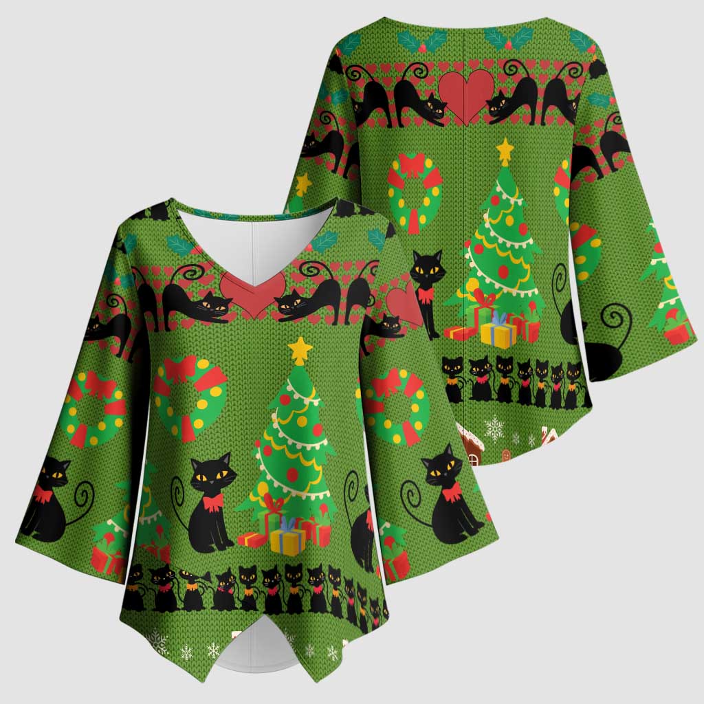 Love Black Cat Christmas Kimono Sleeve Blouse Xmas Holiday Patterns - Wonder Print Shop