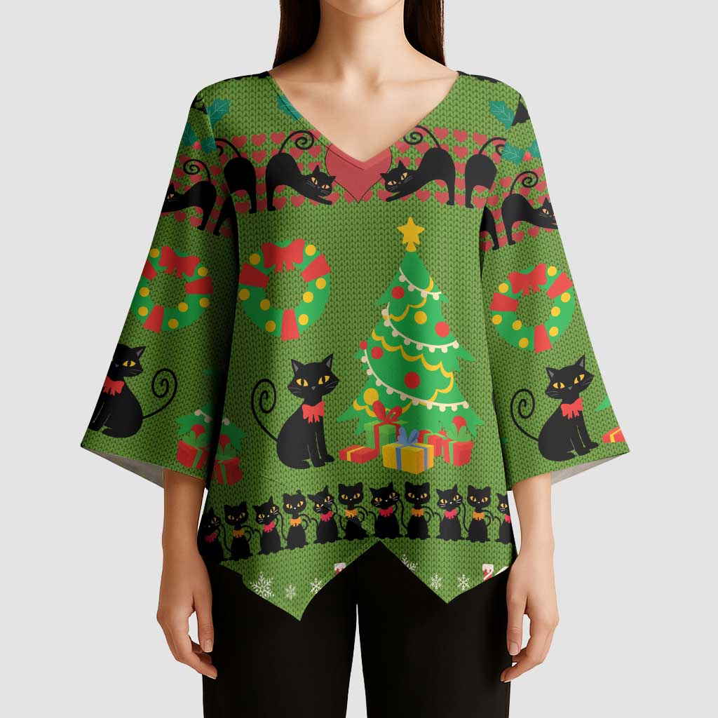 Love Black Cat Christmas Kimono Sleeve Blouse Xmas Holiday Patterns - Wonder Print Shop