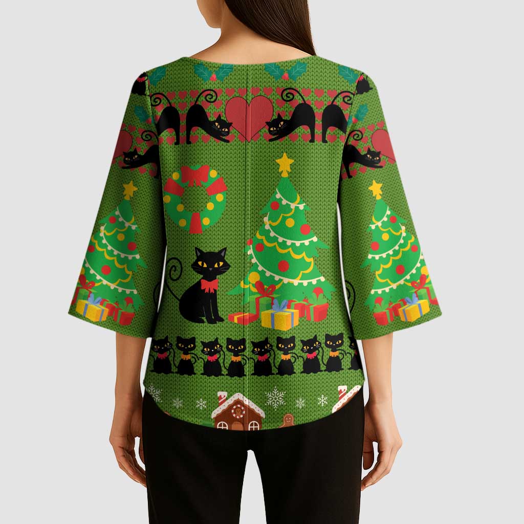 Love Black Cat Christmas Kimono Sleeve Blouse Xmas Holiday Patterns - Wonder Print Shop