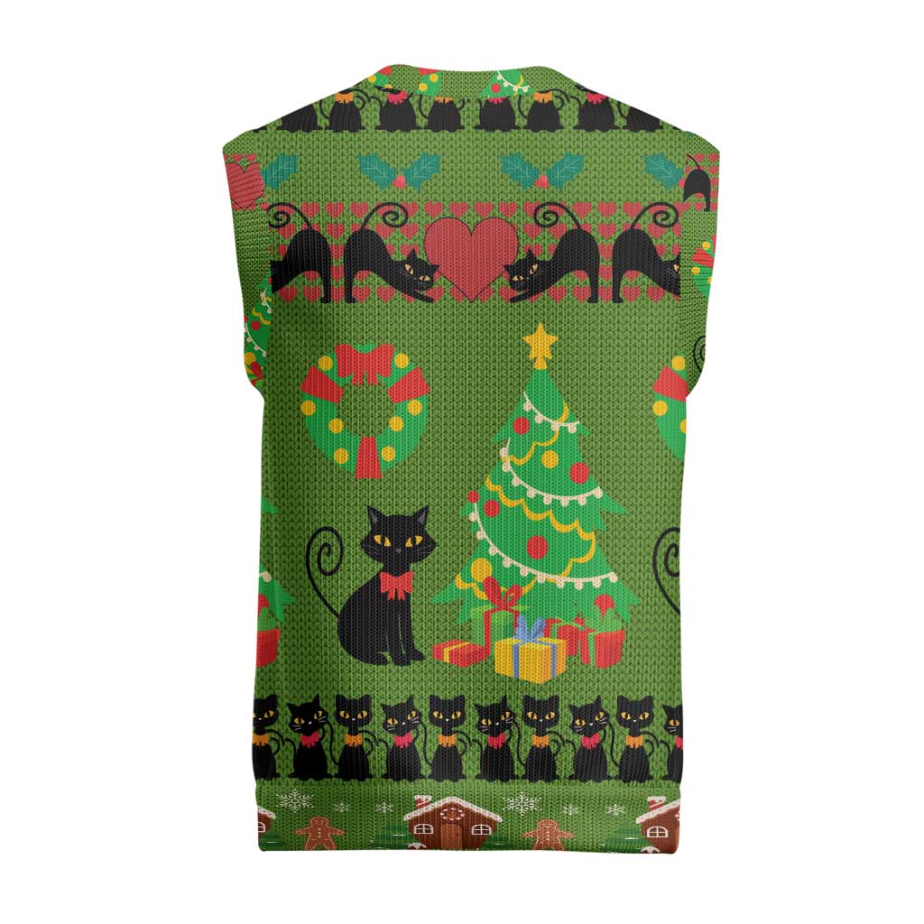 Love Black Cat Christmas Knitted V-Neck Vest Xmas Holiday Patterns - Wonder Print Shop