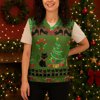 Love Black Cat Christmas Knitted V-Neck Vest Xmas Holiday Patterns - Wonder Print Shop