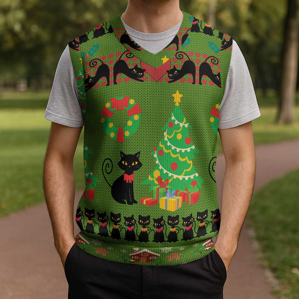 Love Black Cat Christmas Knitted V-Neck Vest Xmas Holiday Patterns - Wonder Print Shop
