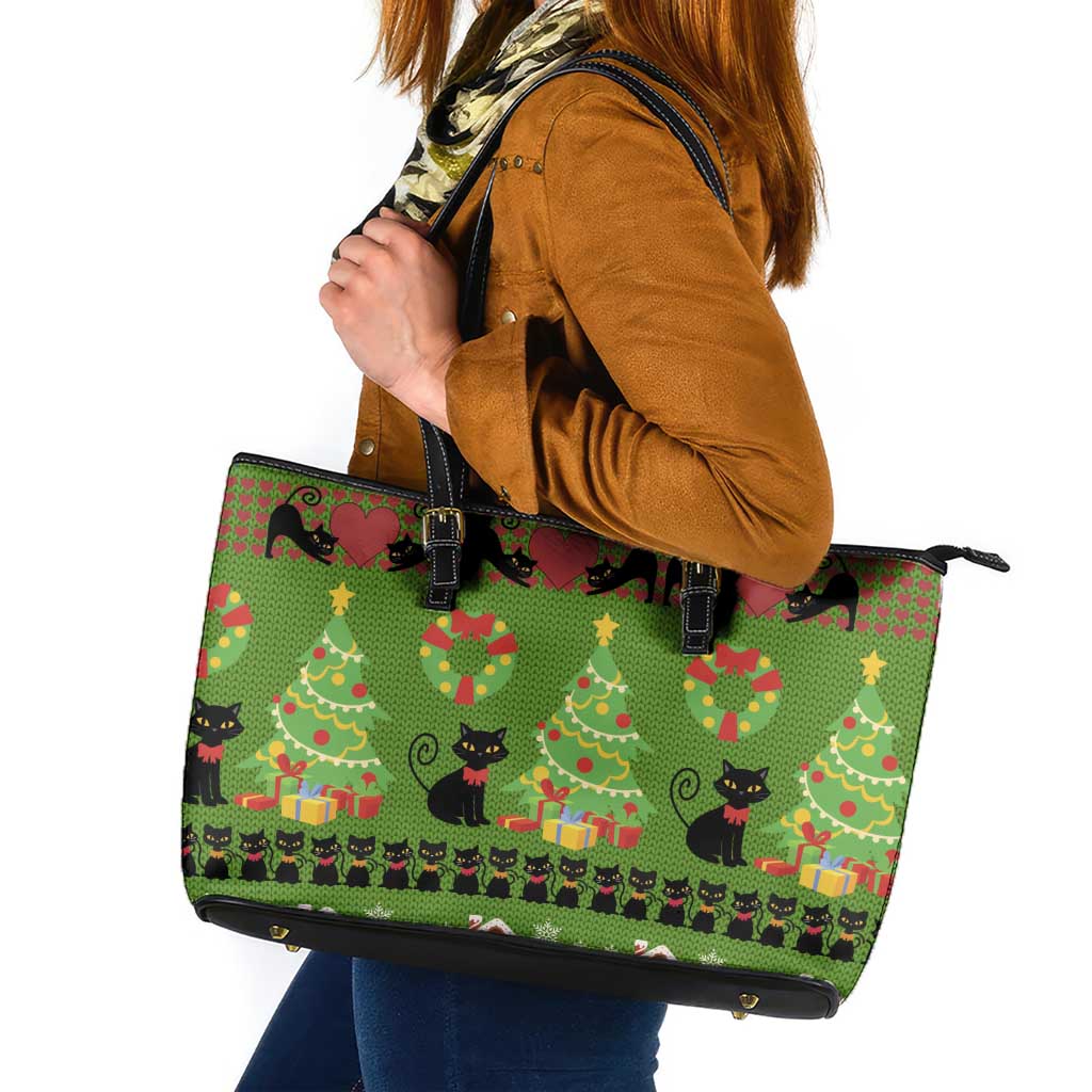 Love Black Cat Christmas Leather Tote Bag Xmas Holiday Patterns - Wonder Print Shop