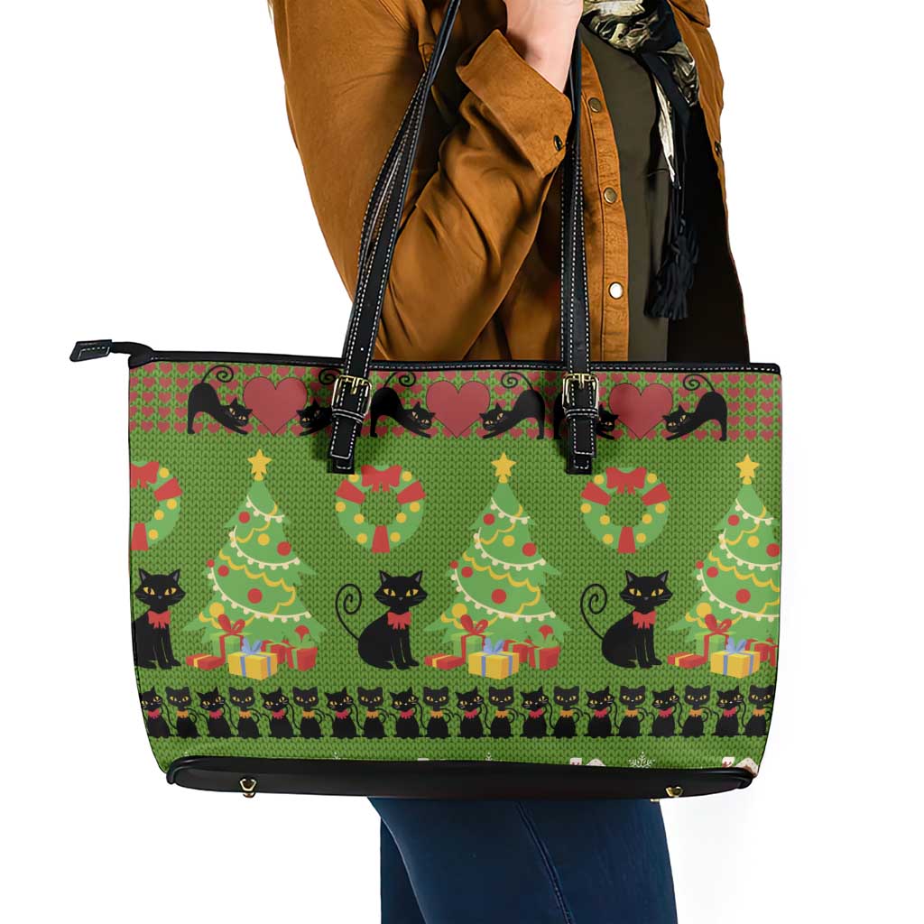 Love Black Cat Christmas Leather Tote Bag Xmas Holiday Patterns - Wonder Print Shop