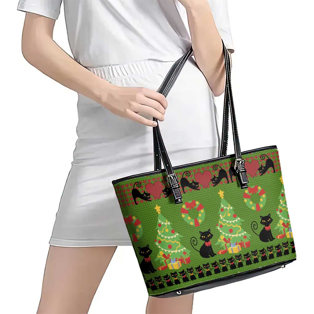Love Black Cat Christmas Leather Tote Bag Xmas Holiday Patterns - Wonder Print Shop