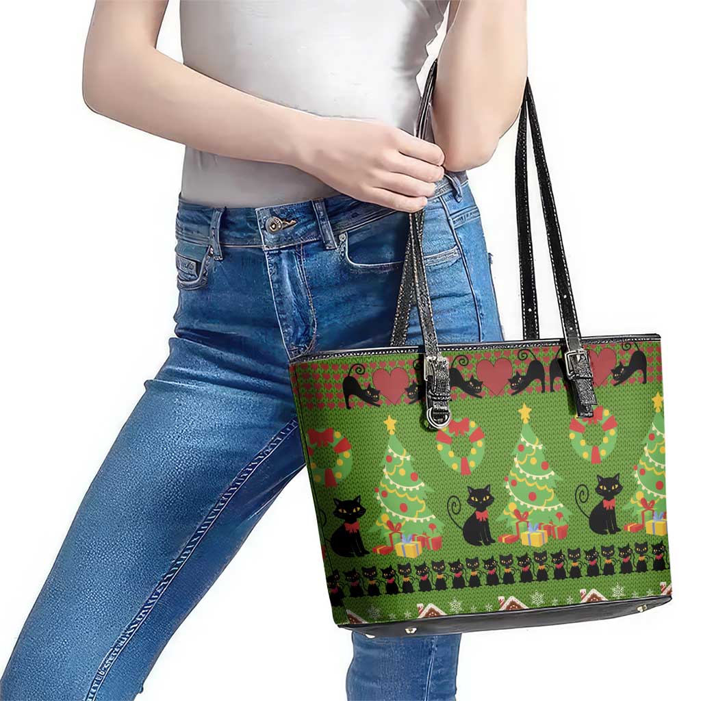 Love Black Cat Christmas Leather Tote Bag Xmas Holiday Patterns - Wonder Print Shop