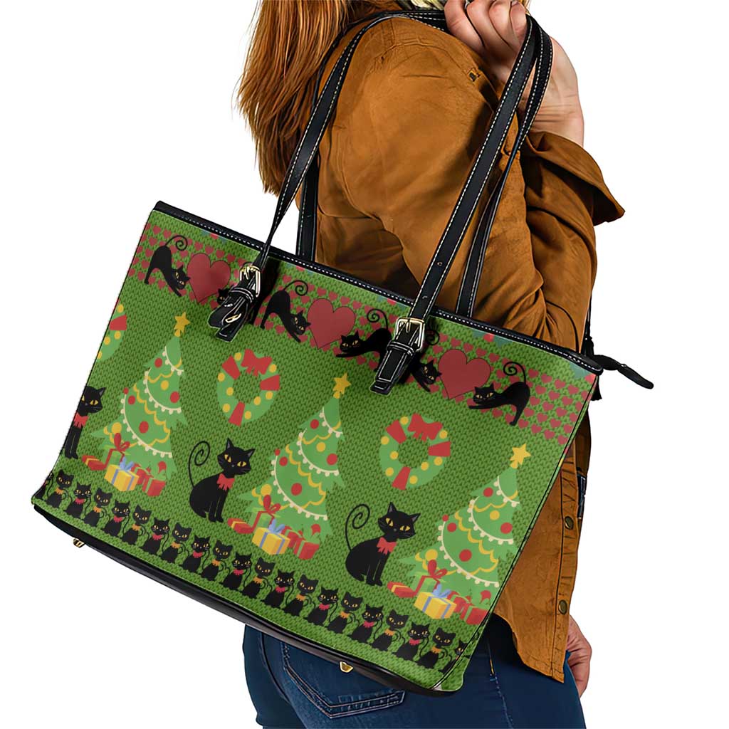 Love Black Cat Christmas Leather Tote Bag Xmas Holiday Patterns - Wonder Print Shop