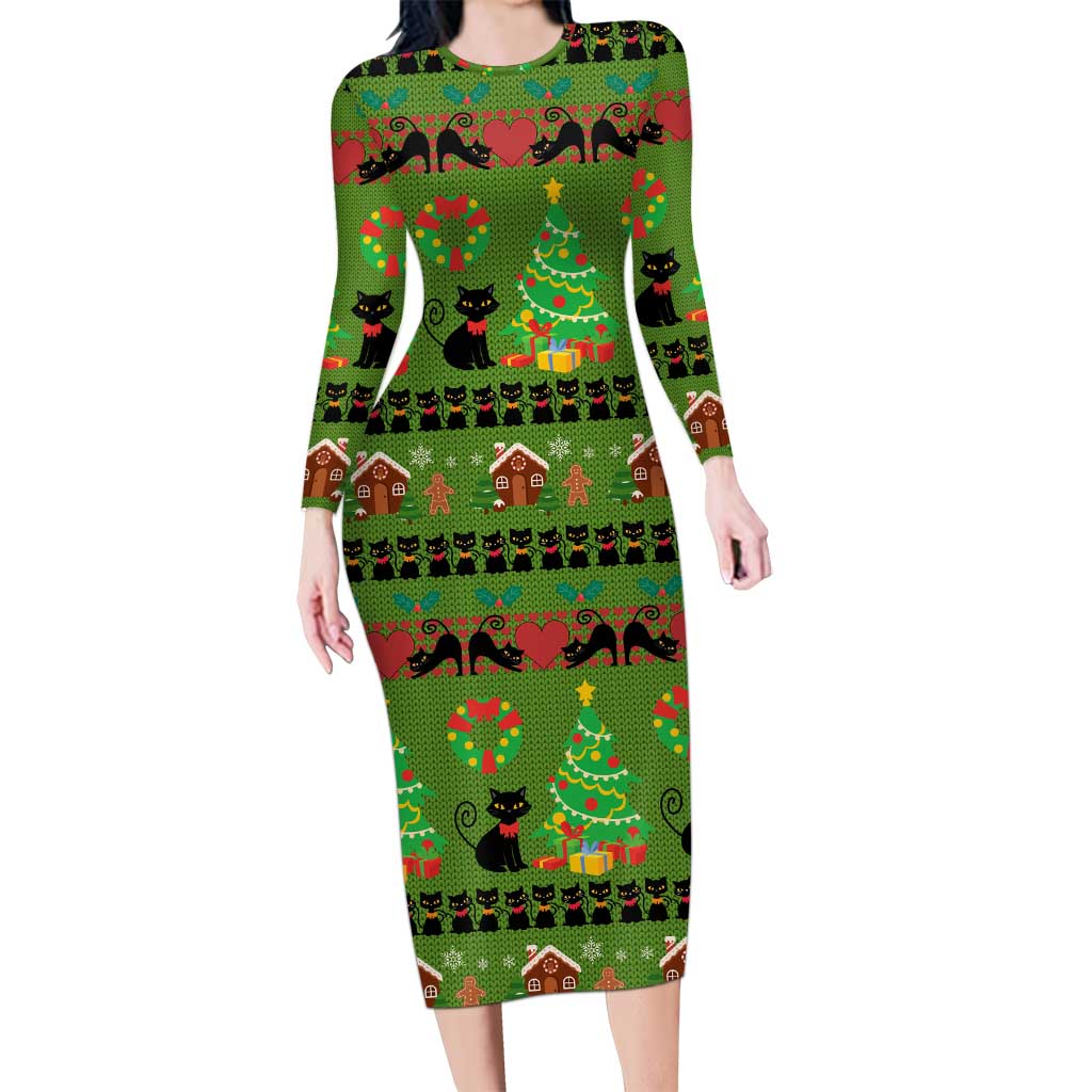 Love Black Cat Christmas Long Sleeve Bodycon Dress Xmas Holiday Patterns - Wonder Print Shop