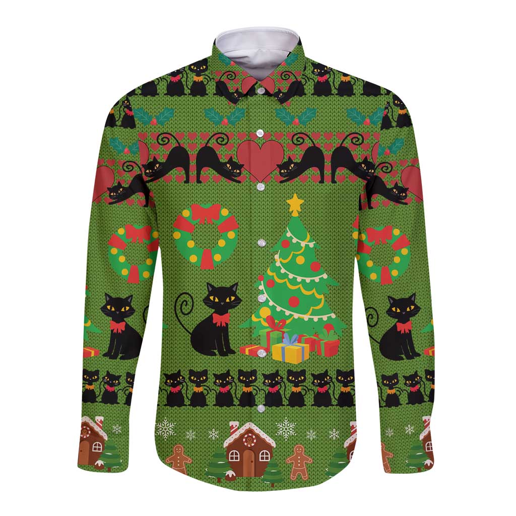 Love Black Cat Christmas Long Sleeve Button Shirt Xmas Holiday Patterns - Wonder Print Shop