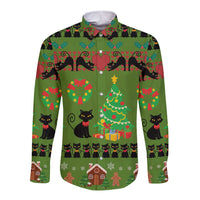 Love Black Cat Christmas Long Sleeve Button Shirt Xmas Holiday Patterns - Wonder Print Shop