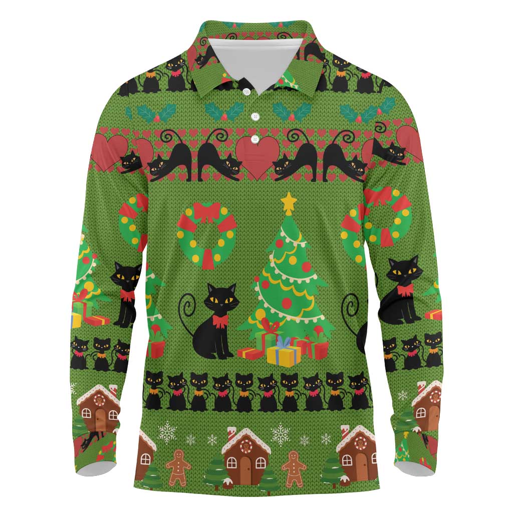 Love Black Cat Christmas Long Sleeve Polo Shirt Xmas Holiday Patterns - Wonder Print Shop