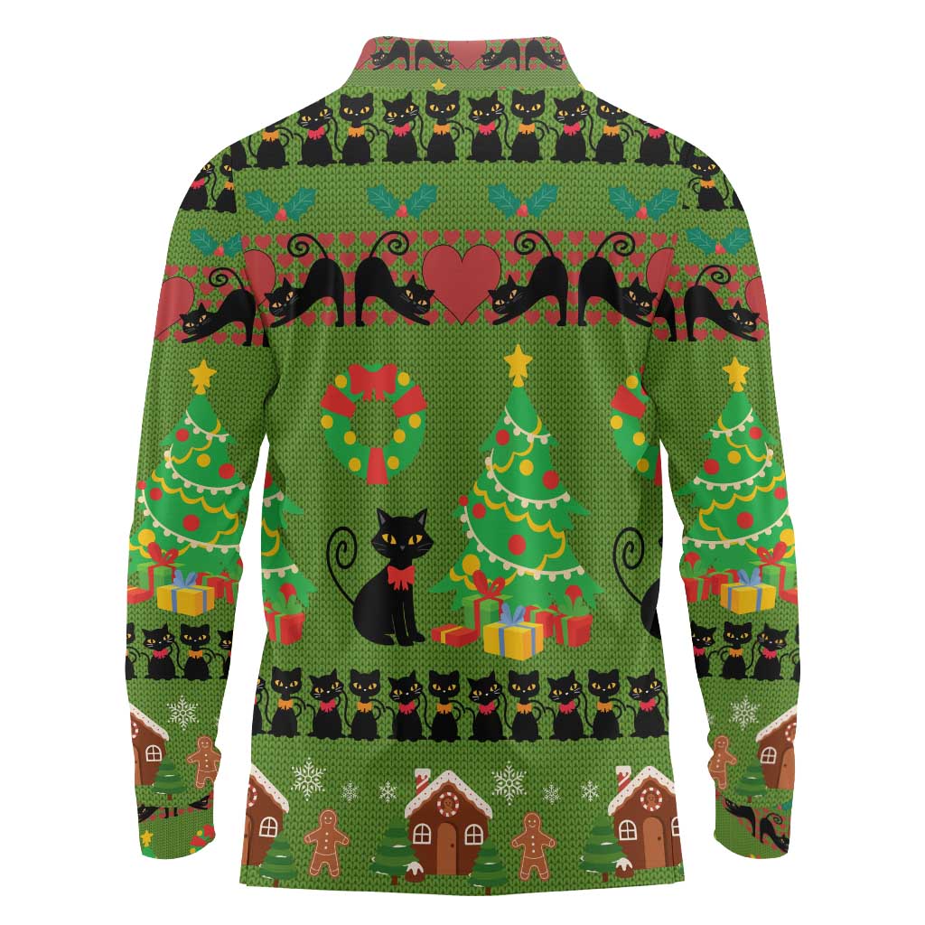 Love Black Cat Christmas Long Sleeve Polo Shirt Xmas Holiday Patterns - Wonder Print Shop