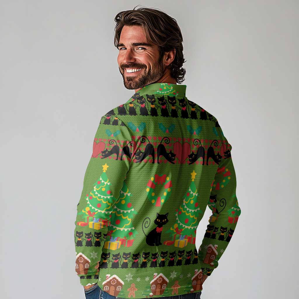 Love Black Cat Christmas Long Sleeve Polo Shirt Xmas Holiday Patterns - Wonder Print Shop