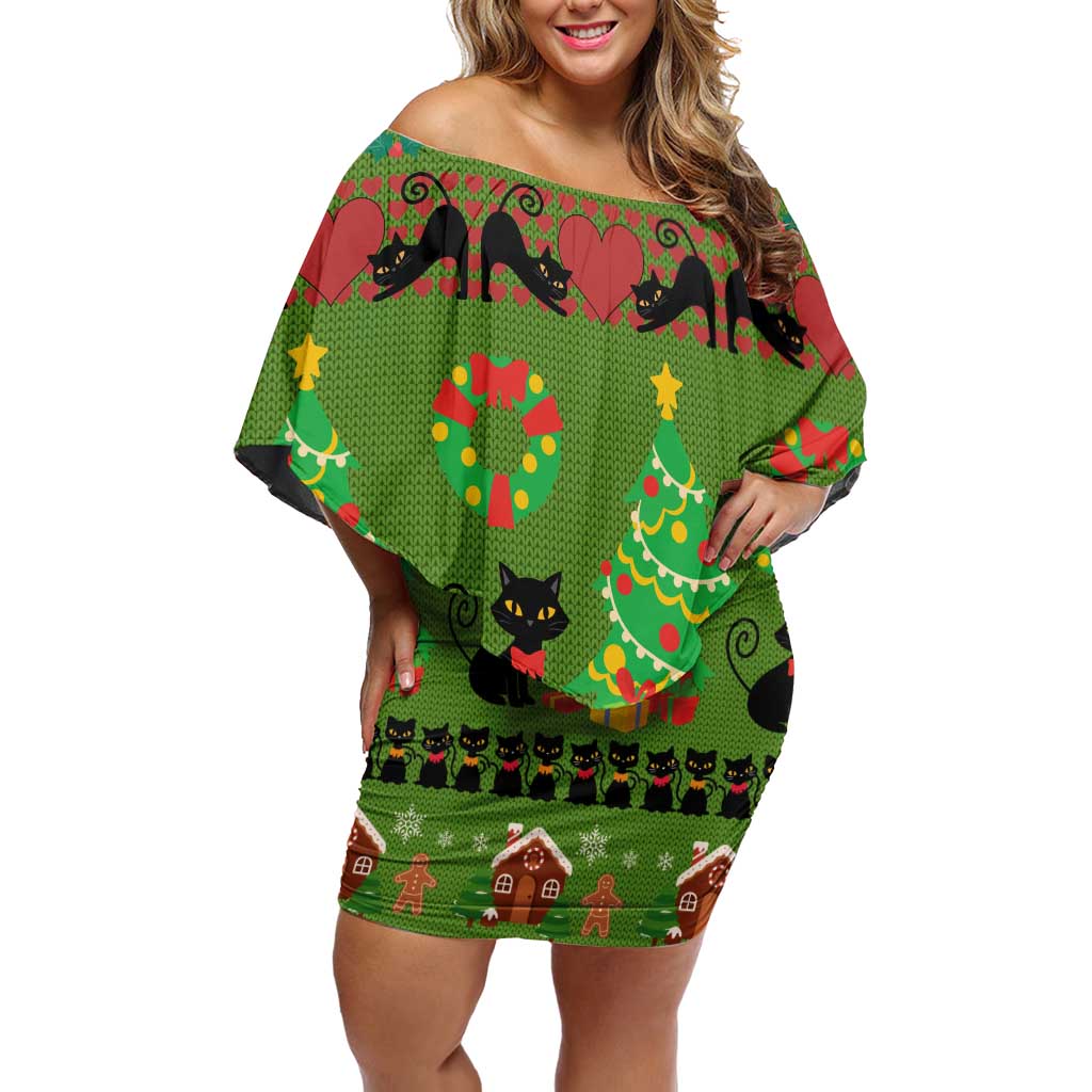 Love Black Cat Christmas Off Shoulder Short Dress Xmas Holiday Patterns - Wonder Print Shop