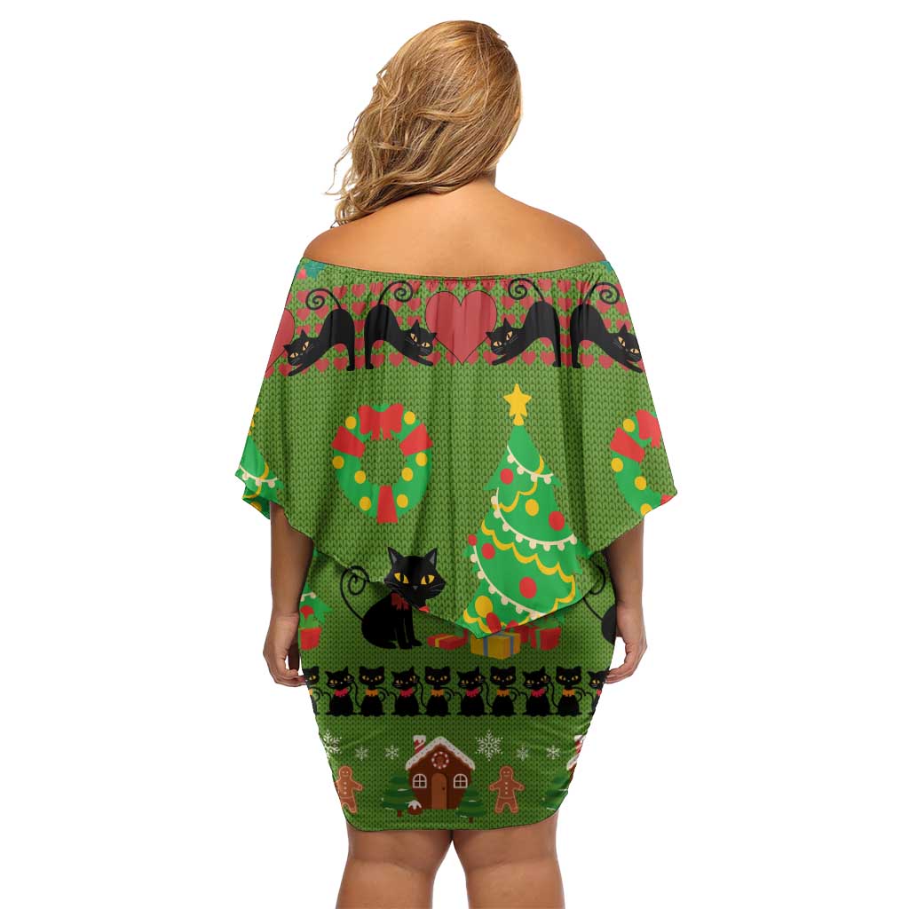 Love Black Cat Christmas Off Shoulder Short Dress Xmas Holiday Patterns - Wonder Print Shop