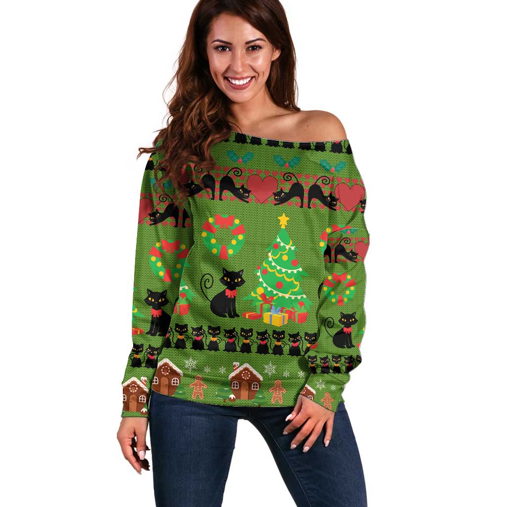 Love Black Cat Christmas Off Shoulder Sweater Xmas Holiday Patterns - Wonder Print Shop