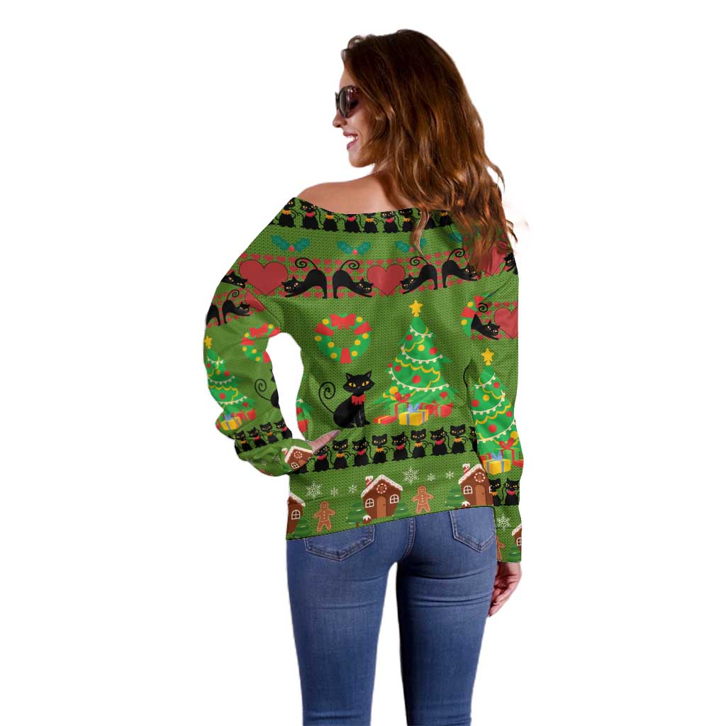 Love Black Cat Christmas Off Shoulder Sweater Xmas Holiday Patterns - Wonder Print Shop