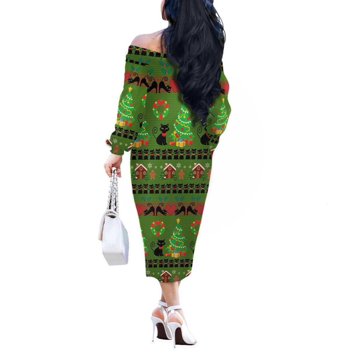 Love Black Cat Christmas Off The Shoulder Long Sleeve Dress Xmas Holiday Patterns - Wonder Print Shop