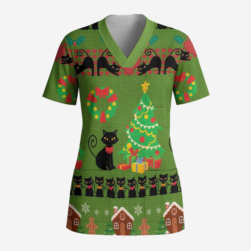 Love Black Cat Christmas Scrub Top Xmas Holiday Patterns - Wonder Print Shop