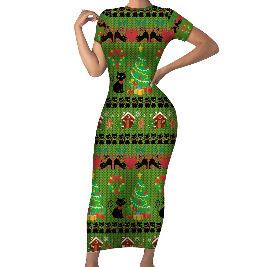 Love Black Cat Christmas Short Sleeve Bodycon Dress Xmas Holiday Patterns - Wonder Print Shop