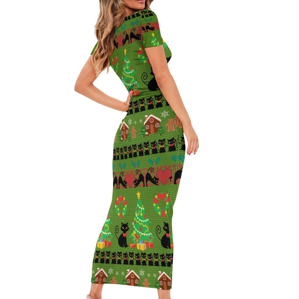 Love Black Cat Christmas Short Sleeve Bodycon Dress Xmas Holiday Patterns - Wonder Print Shop