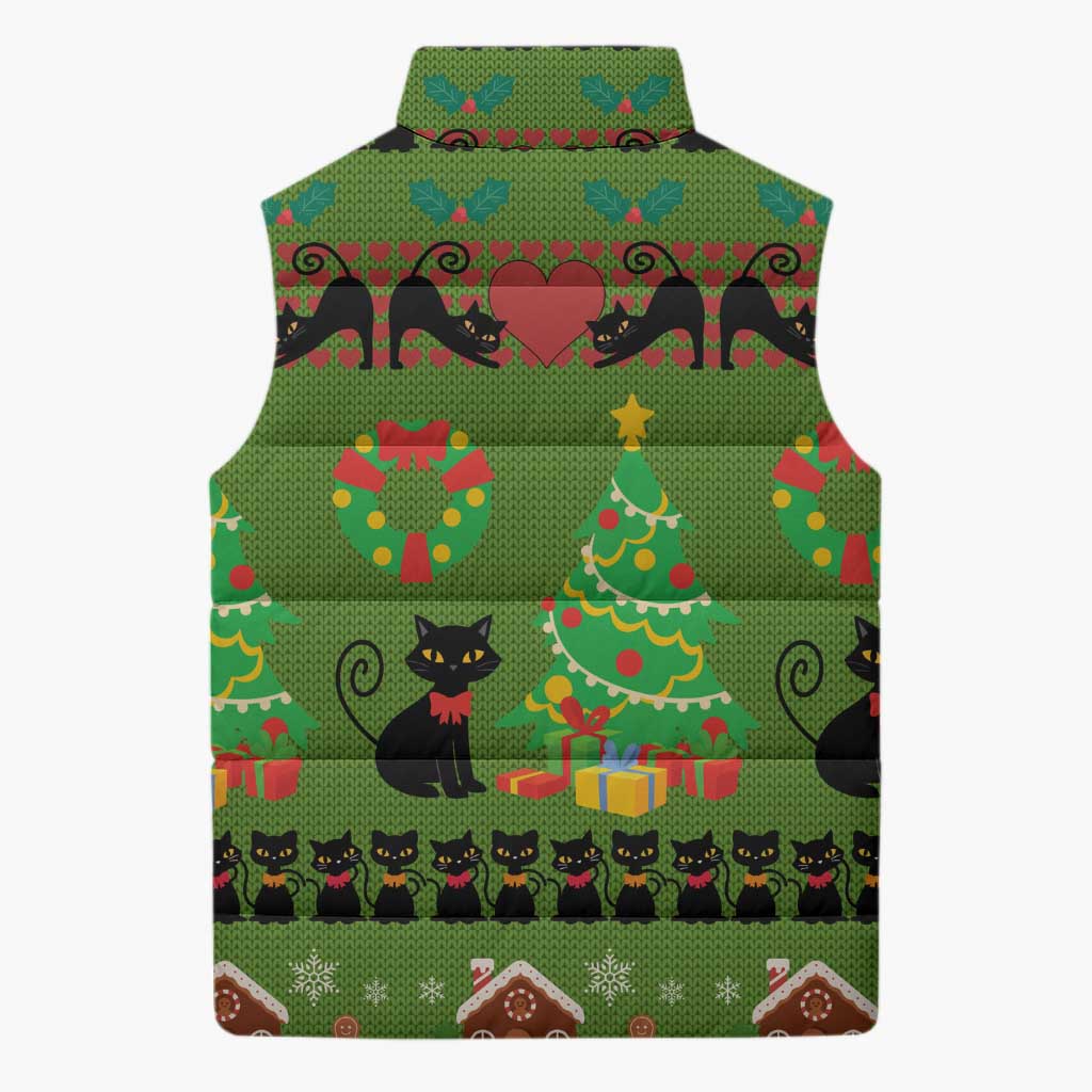 Love Black Cat Christmas Sleeveless Puffer Jacket Xmas Holiday Patterns - Wonder Print Shop