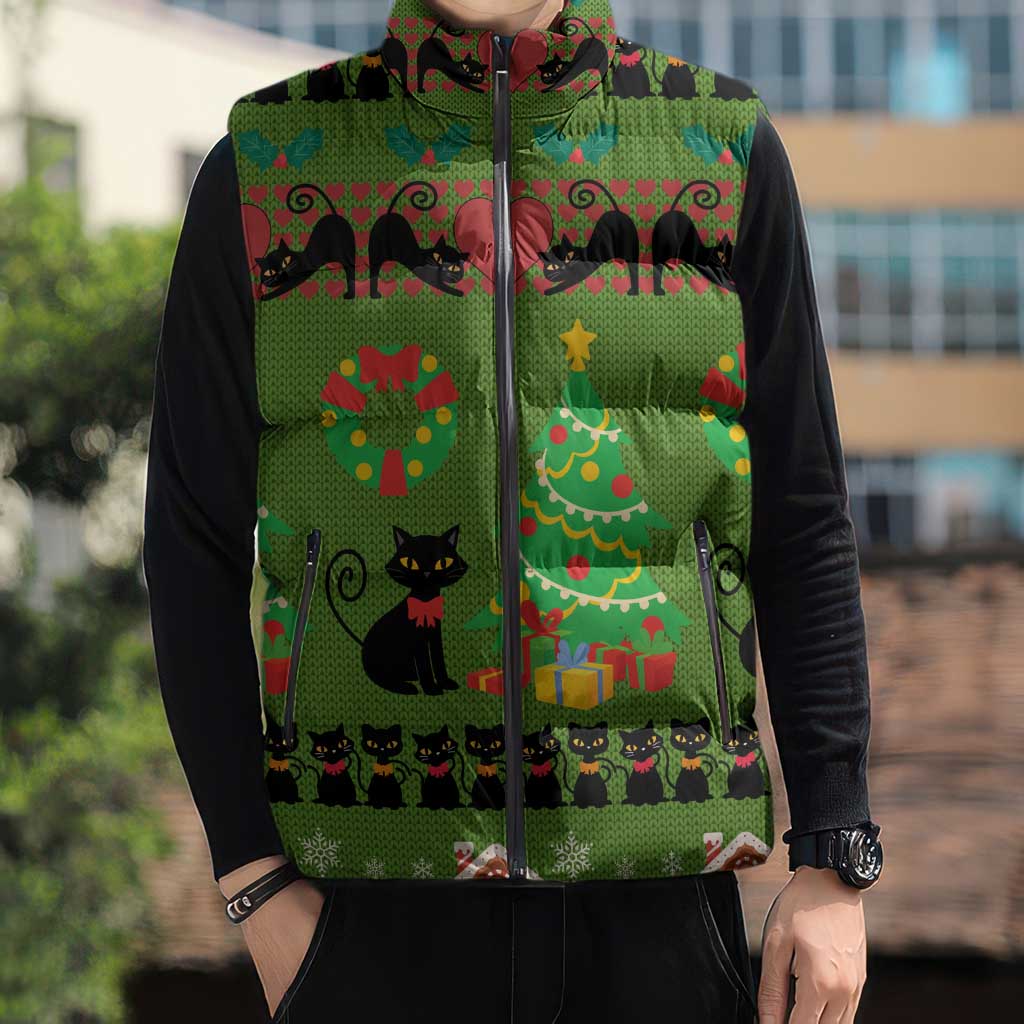 Love Black Cat Christmas Sleeveless Puffer Jacket Xmas Holiday Patterns - Wonder Print Shop