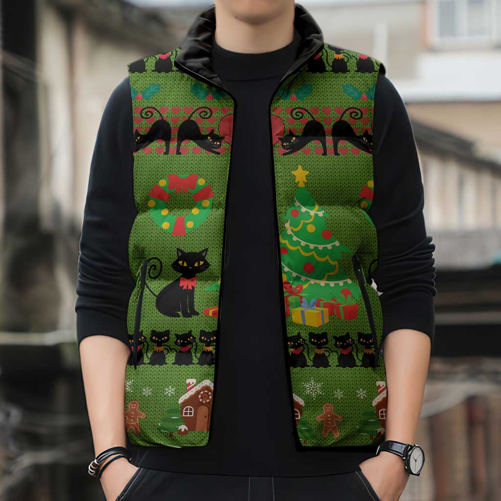Love Black Cat Christmas Sleeveless Puffer Jacket Xmas Holiday Patterns - Wonder Print Shop