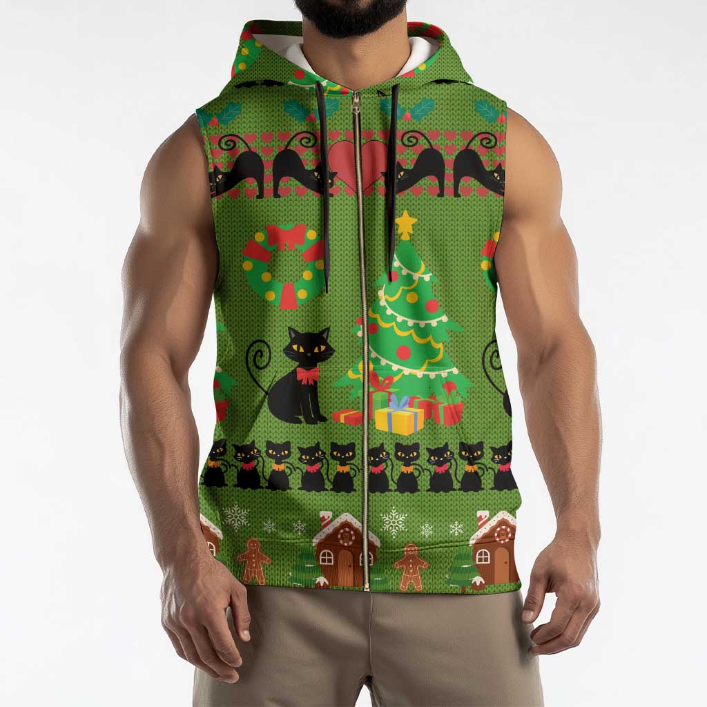 Love Black Cat Christmas Sleeveless Zip Hoodie Xmas Holiday Patterns - Wonder Print Shop