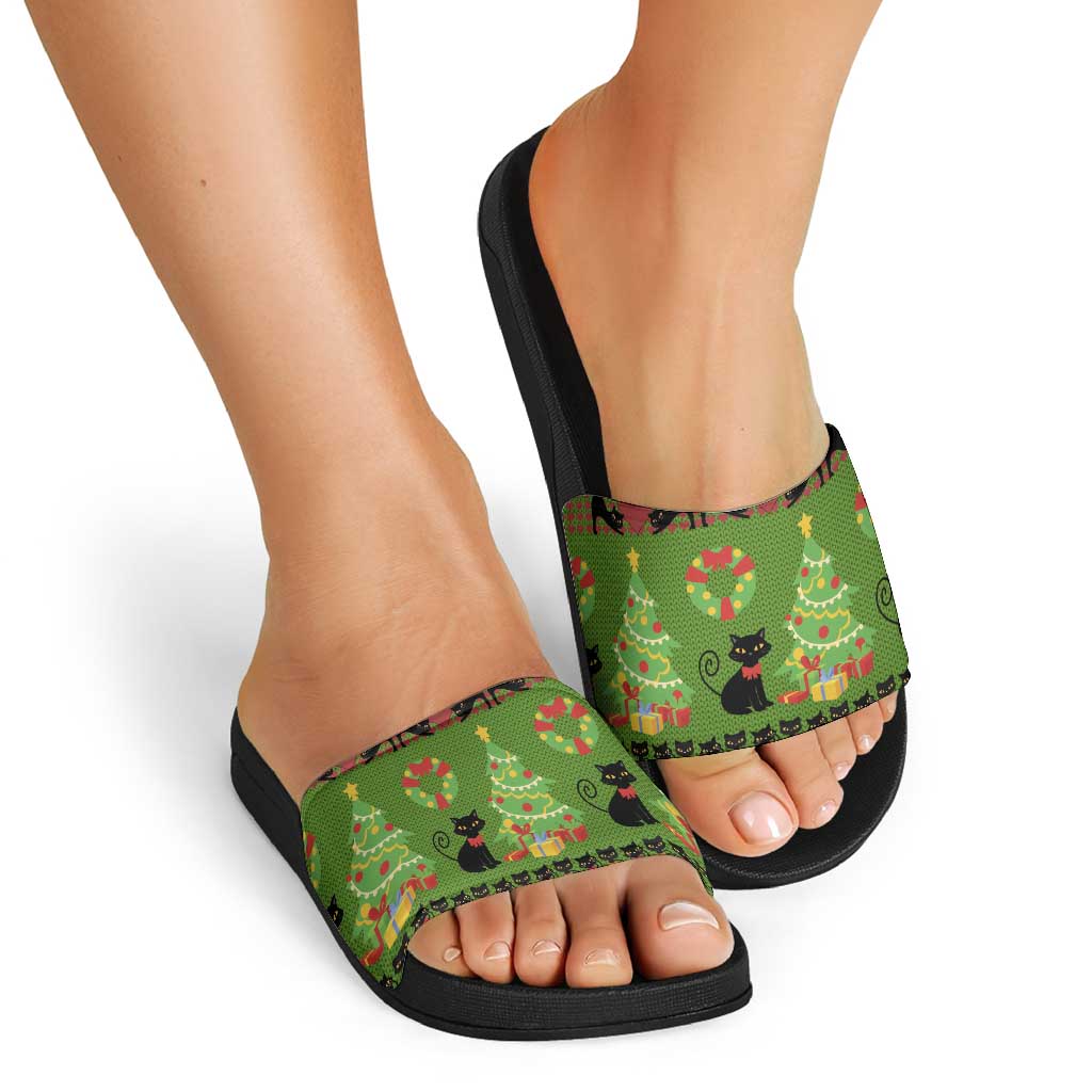 Love Black Cat Christmas Slide Sandals Xmas Holiday Patterns - Wonder Print Shop