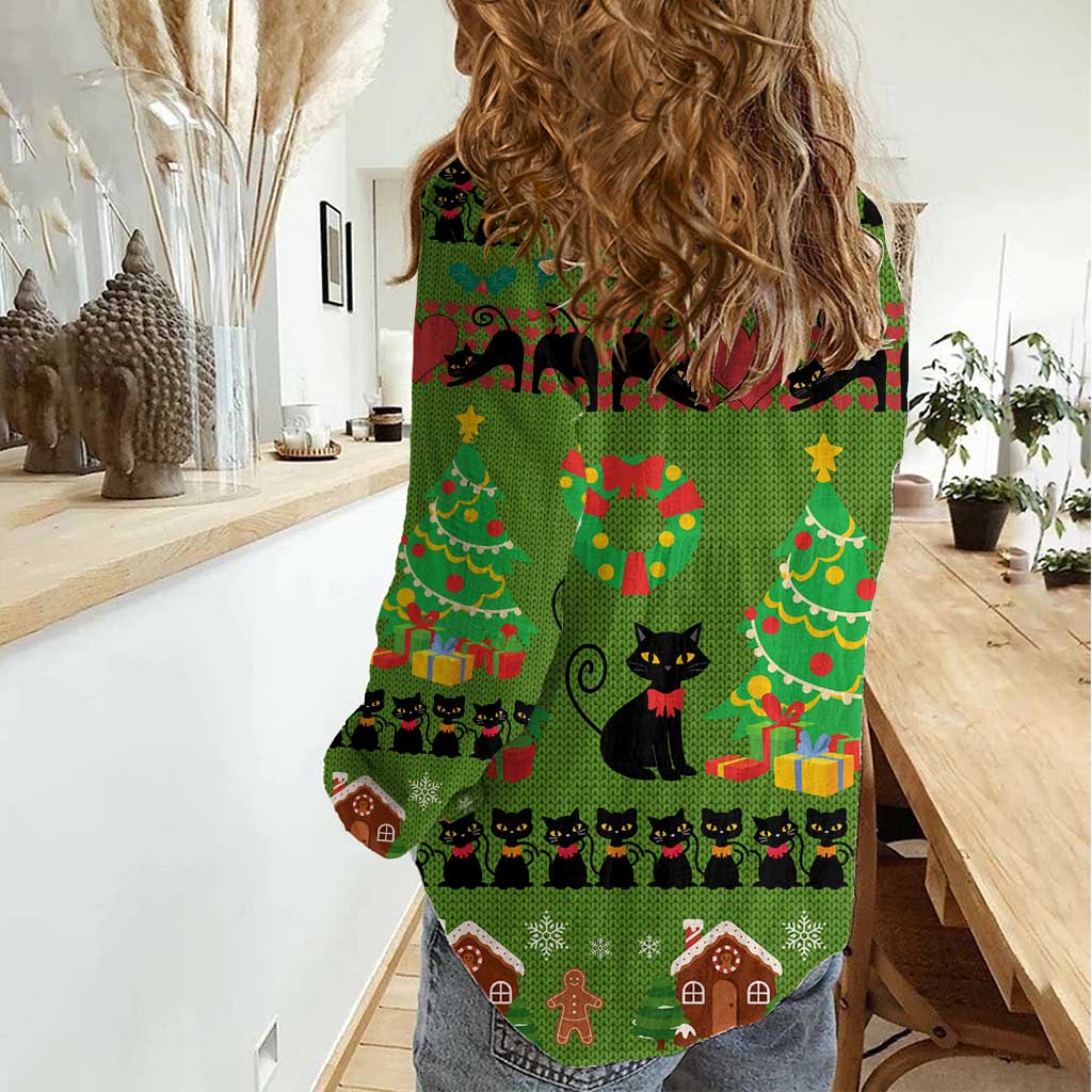 Love Black Cat Christmas Women Casual Shirt Xmas Holiday Patterns - Wonder Print Shop