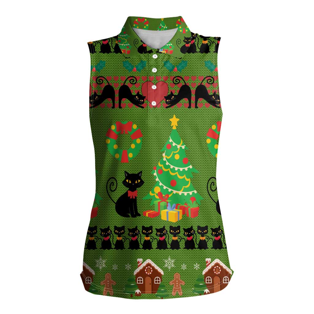 Love Black Cat Christmas Women Sleeveless Polo Shirt Xmas Holiday Patterns - Wonder Print Shop