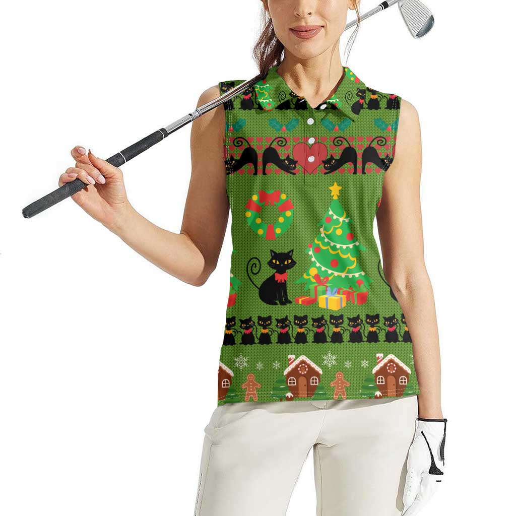 Love Black Cat Christmas Women Sleeveless Polo Shirt Xmas Holiday Patterns - Wonder Print Shop