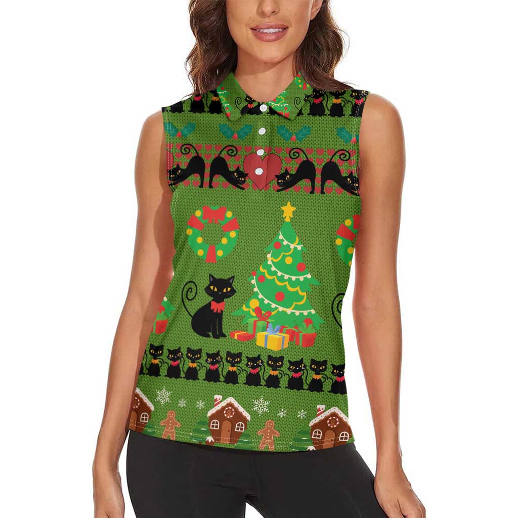 Love Black Cat Christmas Women Sleeveless Polo Shirt Xmas Holiday Patterns - Wonder Print Shop