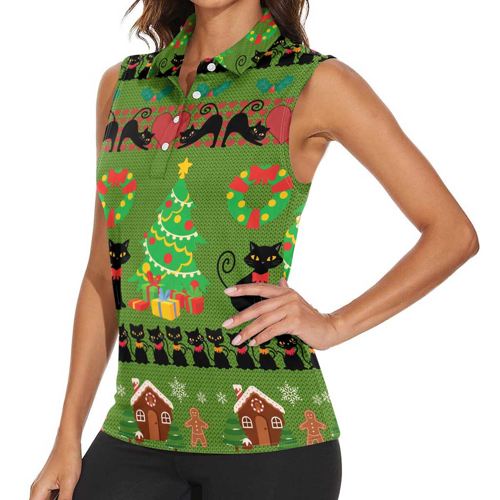 Love Black Cat Christmas Women Sleeveless Polo Shirt Xmas Holiday Patterns - Wonder Print Shop