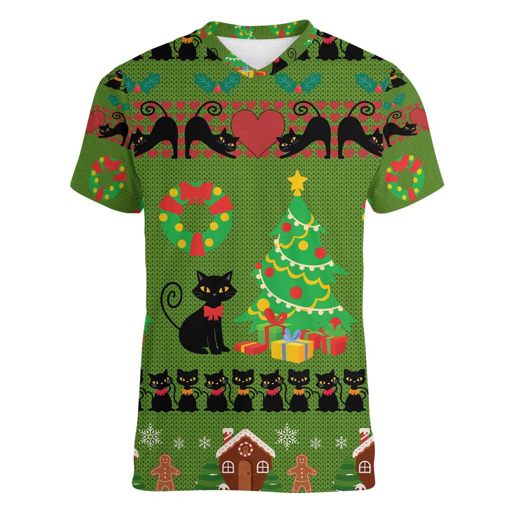 Love Black Cat Christmas Women V-Neck T-Shirt Xmas Holiday Patterns - Wonder Print Shop