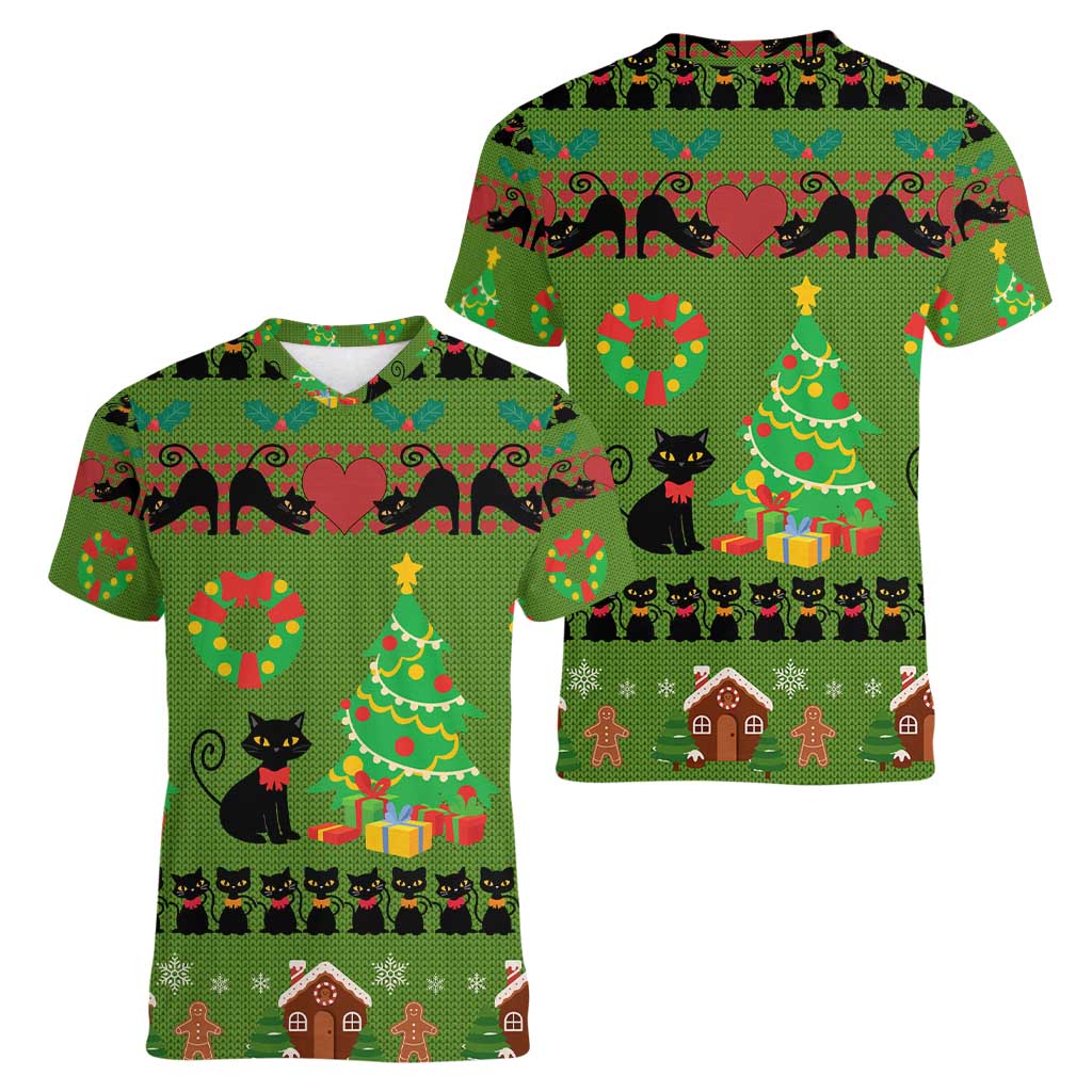 Love Black Cat Christmas Women V-Neck T-Shirt Xmas Holiday Patterns - Wonder Print Shop