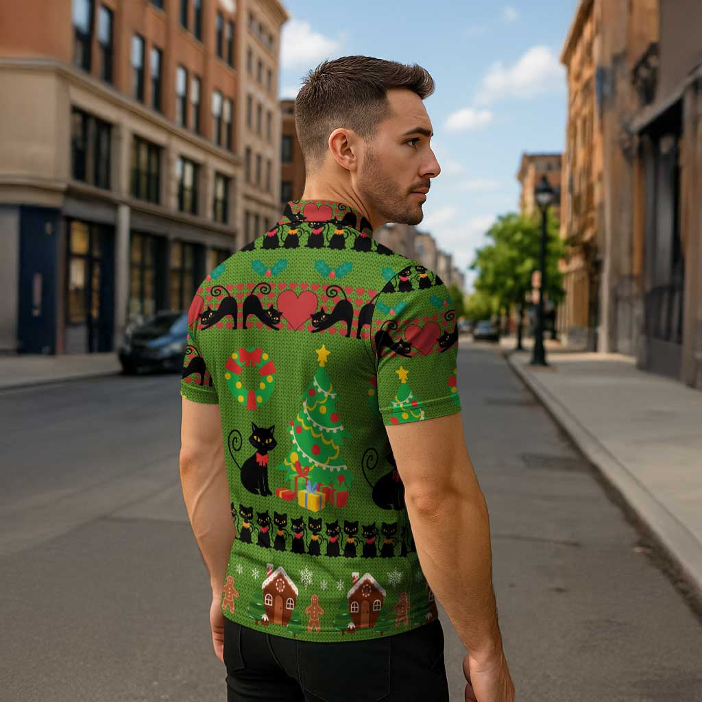 Love Black Cat Christmas Zipper Polo Shirt Xmas Holiday Patterns - Wonder Print Shop