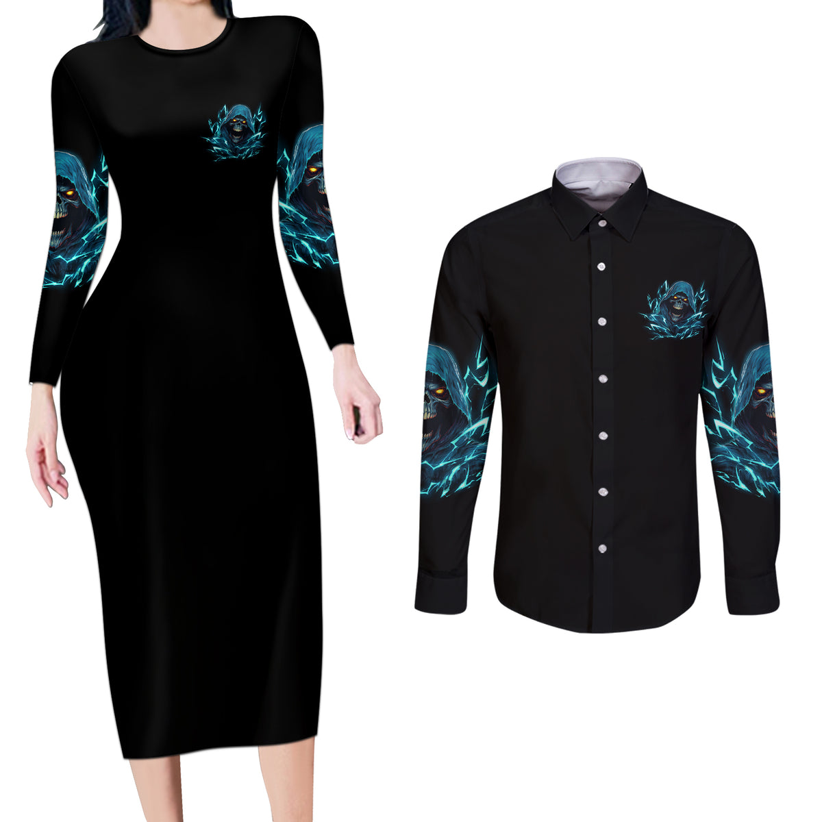 Judge Me When Mad Reaper Skull Couples Matching Long Sleeve Bodycon Dress and Long Sleeve Button Shirt - Wonder Print Shop