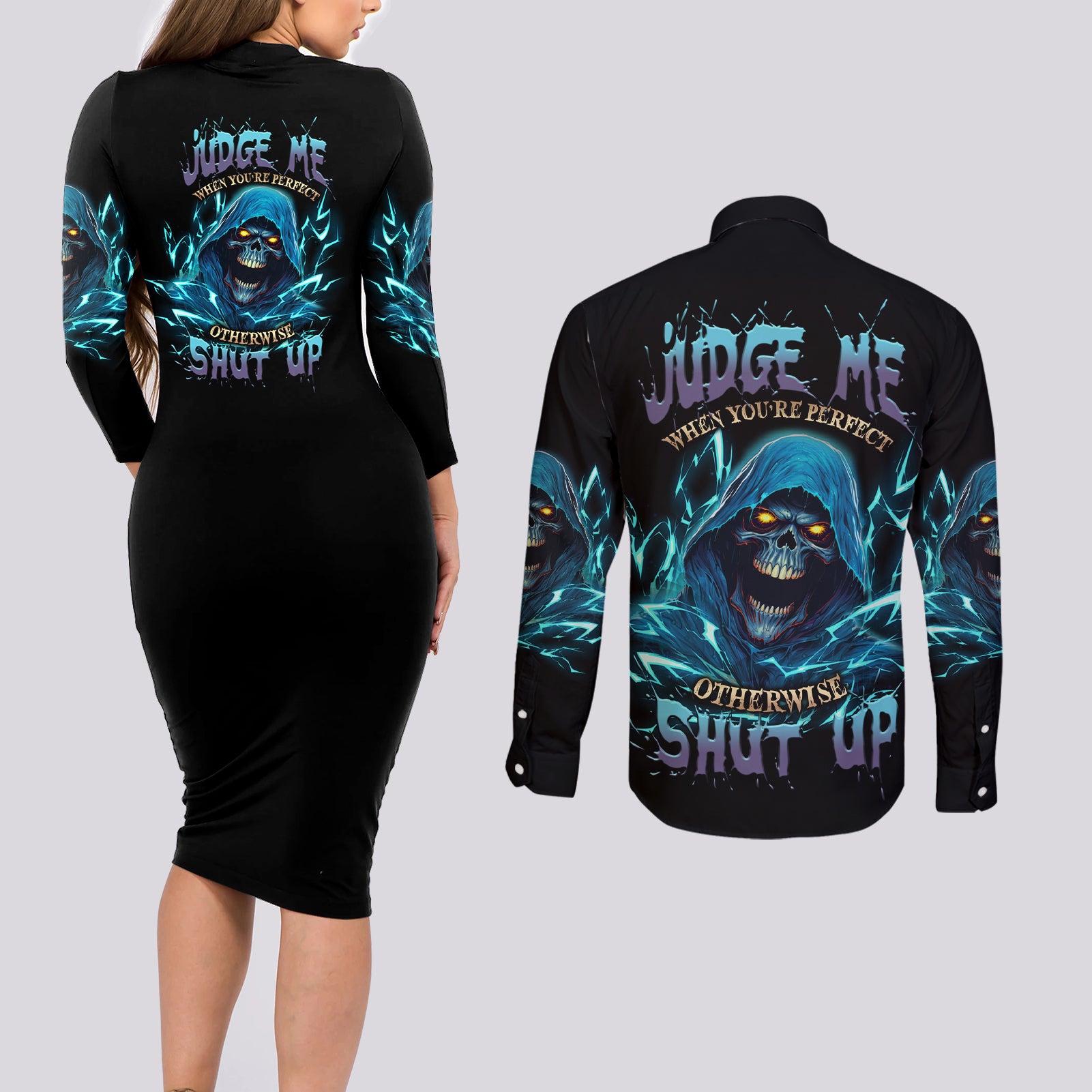 Judge Me When Mad Reaper Skull Couples Matching Long Sleeve Bodycon Dress and Long Sleeve Button Shirt - Wonder Print Shop