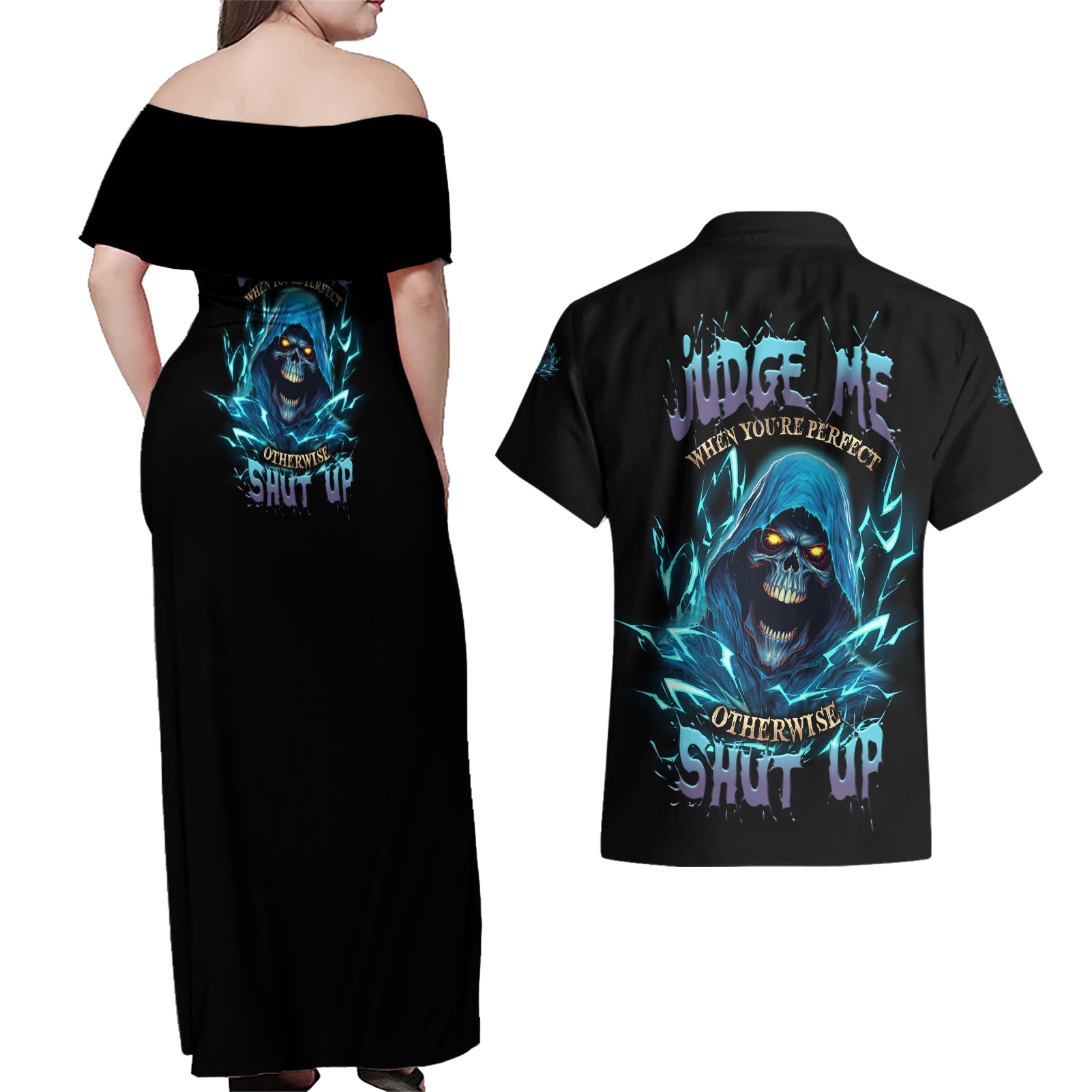 Judge Me When Mad Reaper Skull Couples Matching Off Shoulder Maxi Dress and Hawaiian Shirt - Wonder Print Shop