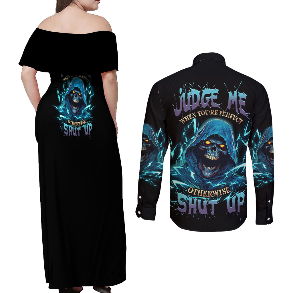 Judge Me When Mad Reaper Skull Couples Matching Off Shoulder Maxi Dress and Long Sleeve Button Shirt - Wonder Print Shop