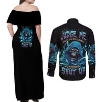 Judge Me When Mad Reaper Skull Couples Matching Off Shoulder Maxi Dress and Long Sleeve Button Shirt - Wonder Print Shop