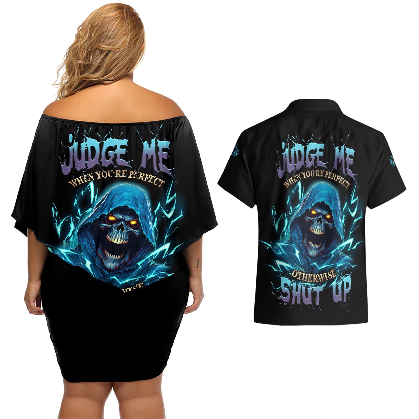 Judge Me When Mad Reaper Skull Couples Matching Off Shoulder Short Dress and Hawaiian Shirt - Wonder Print Shop