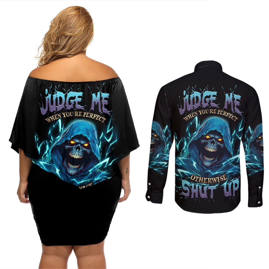 Judge Me When Mad Reaper Skull Couples Matching Off Shoulder Short Dress and Long Sleeve Button Shirt - Wonder Print Shop