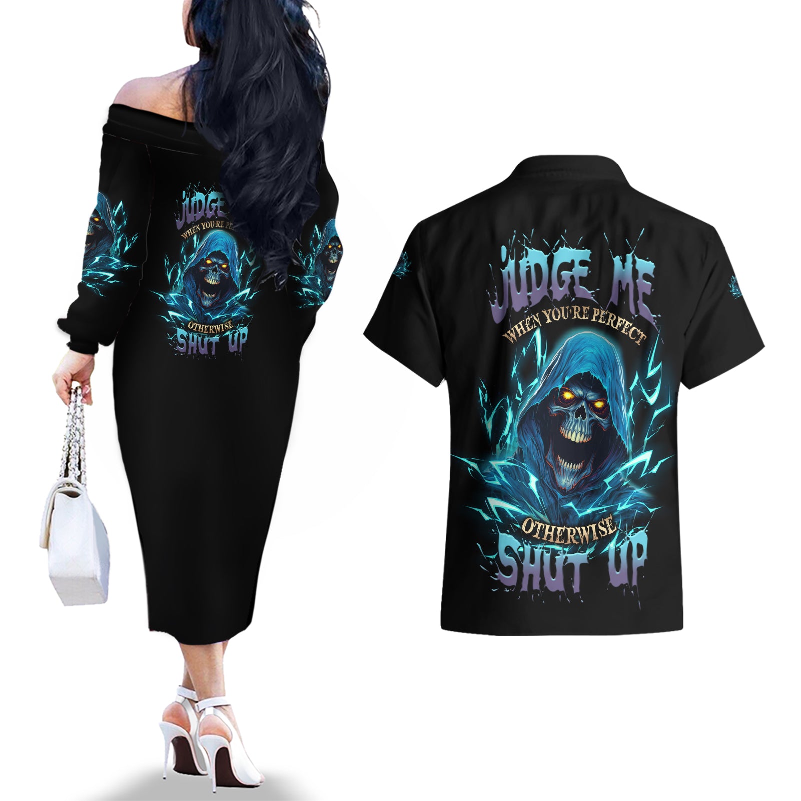 Judge Me When Mad Reaper Skull Couples Matching Off The Shoulder Long Sleeve Dress and Hawaiian Shirt - Wonder Print Shop