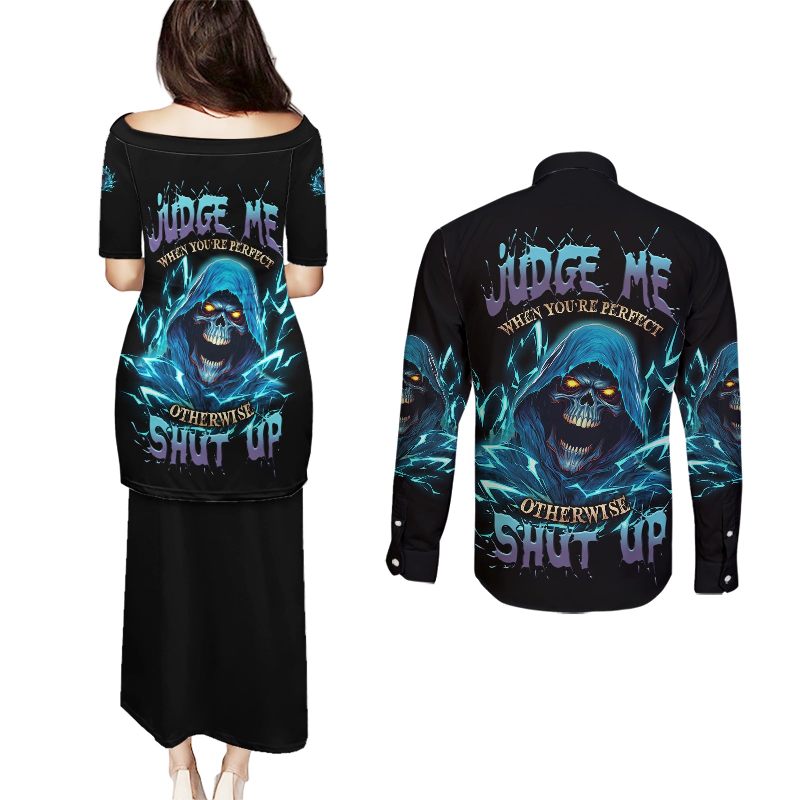 Judge Me When Mad Reaper Skull Couples Matching Puletasi Dress and Long Sleeve Button Shirt - Wonder Print Shop