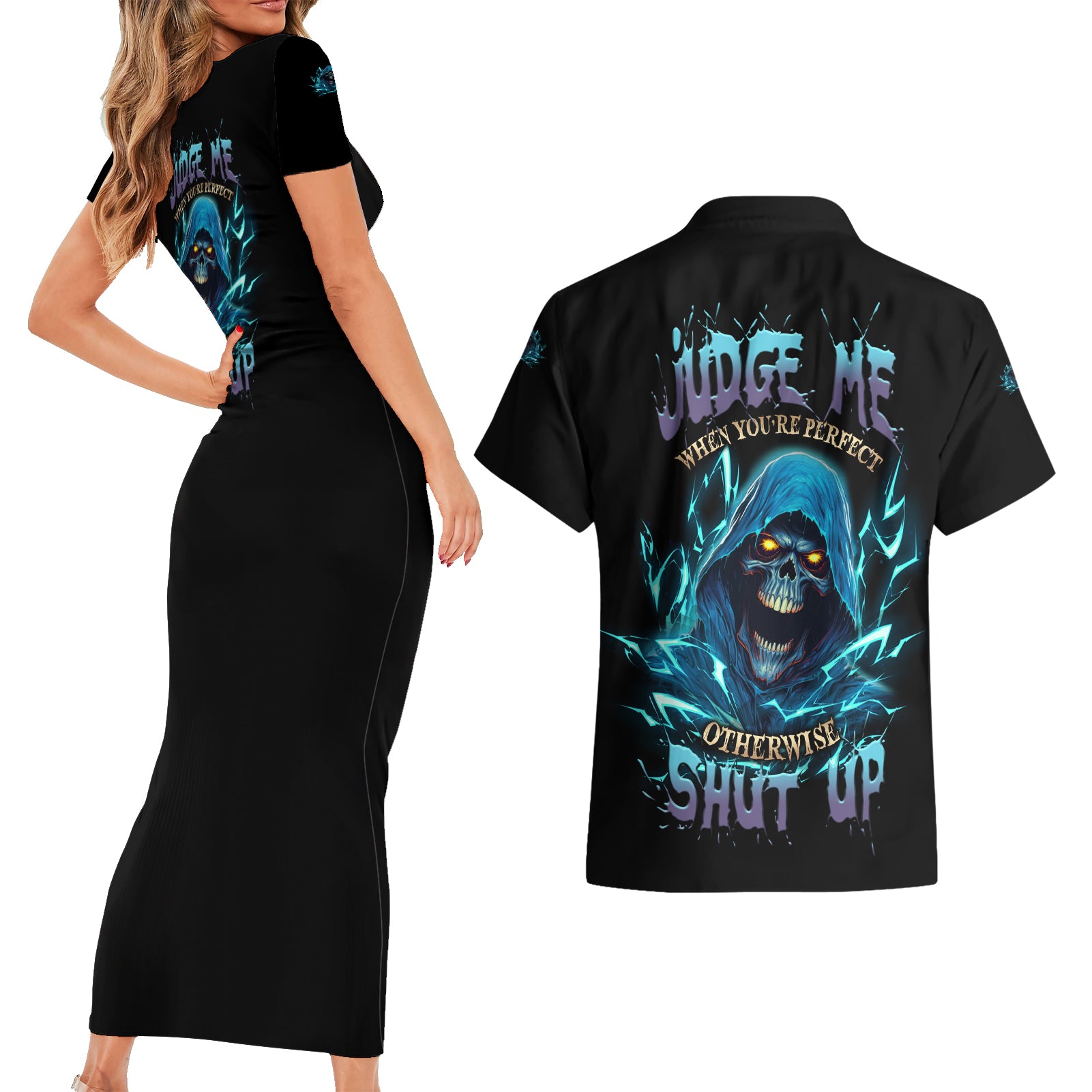 Judge Me When Mad Reaper Skull Couples Matching Short Sleeve Bodycon Dress and Hawaiian Shirt - Wonder Print Shop