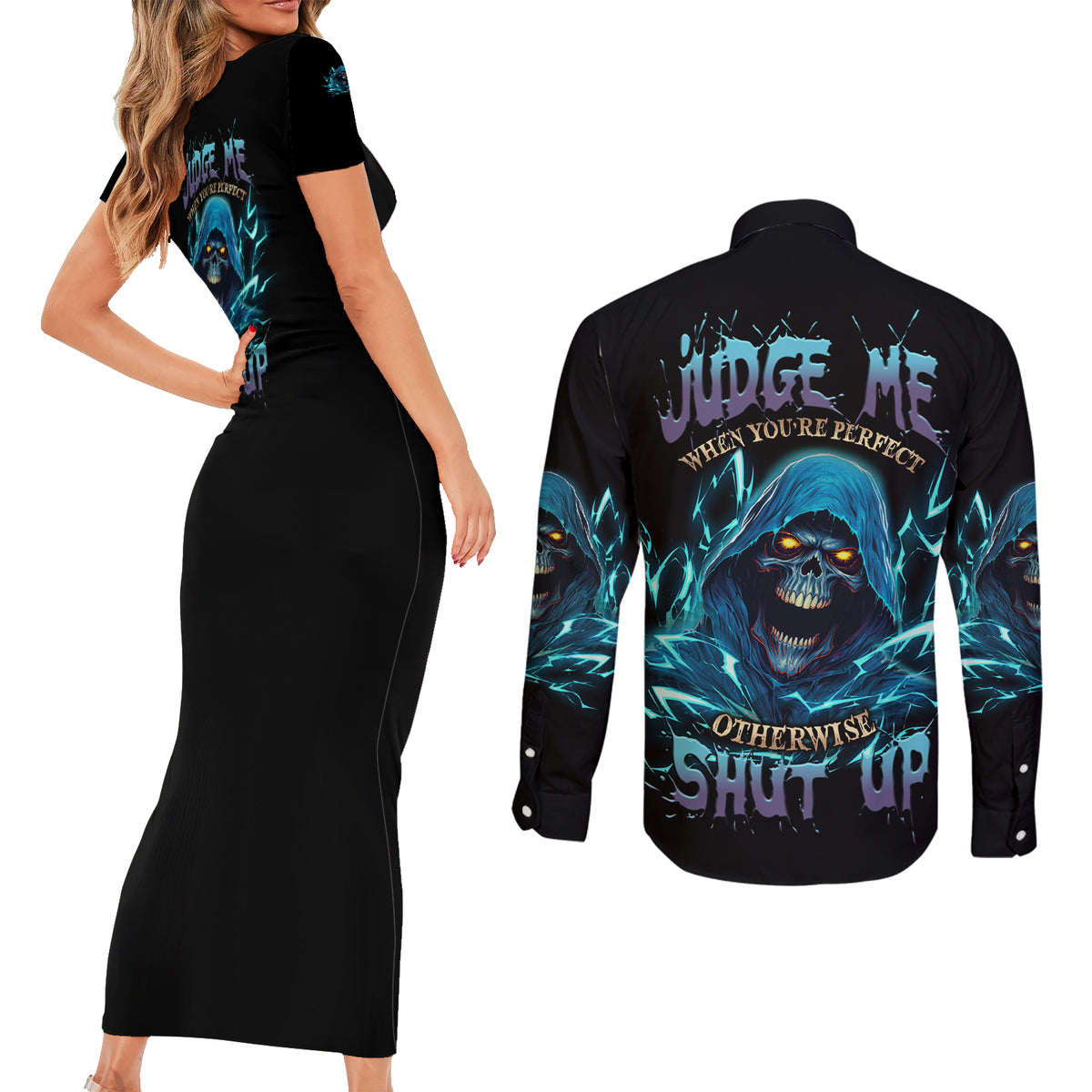 Judge Me When Mad Reaper Skull Couples Matching Short Sleeve Bodycon Dress and Long Sleeve Button Shirt - Wonder Print Shop