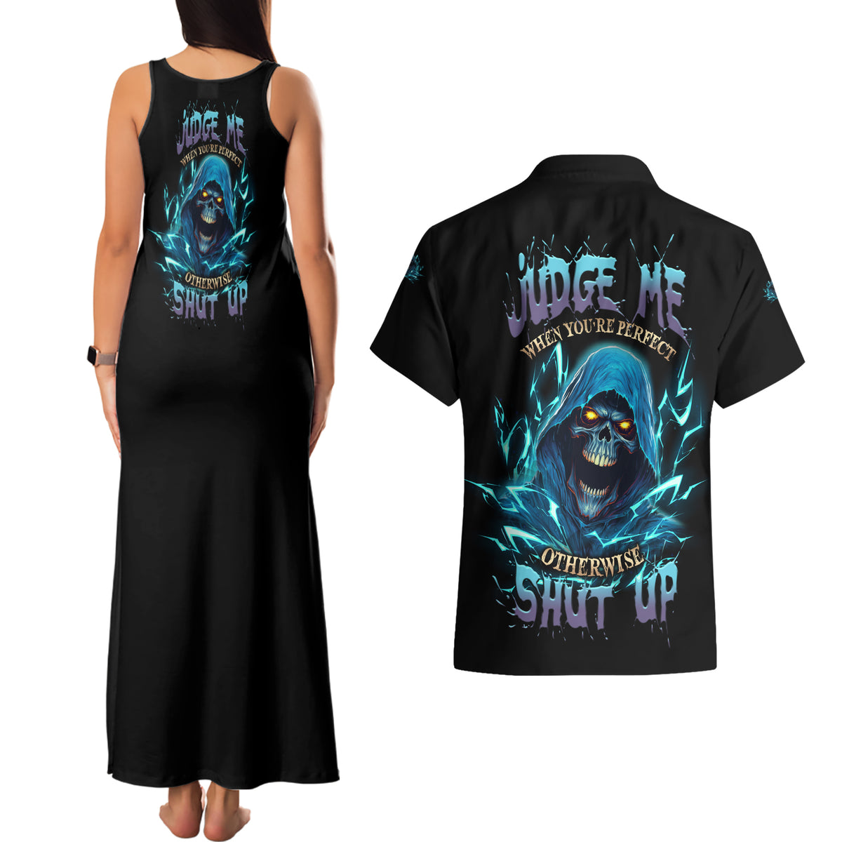 Judge Me When Mad Reaper Skull Couples Matching Tank Maxi Dress and Hawaiian Shirt - Wonder Print Shop
